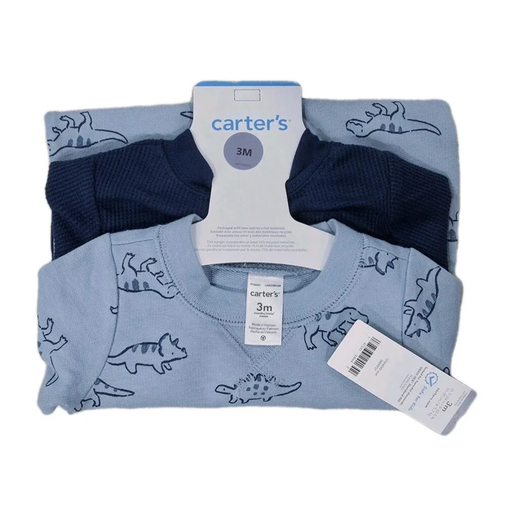 Carter's Baby Boy 2-pack Cotton Snap Jumpsuits Navy Blue Dinosaur Print Size 3M